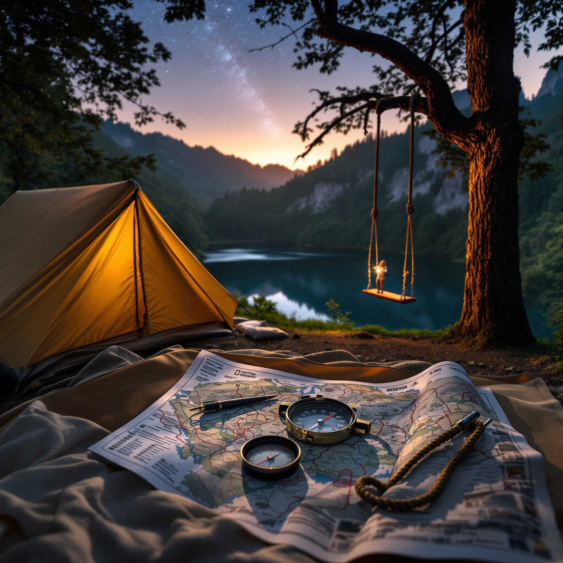 Nestled by a calm lake and tall mountains, this cozy campsite glows warmly at sunset. There’s a swing hanging from a big tree, perfect for enjoying the peaceful view. Maps and a compass are ready for your next adventure in nature.