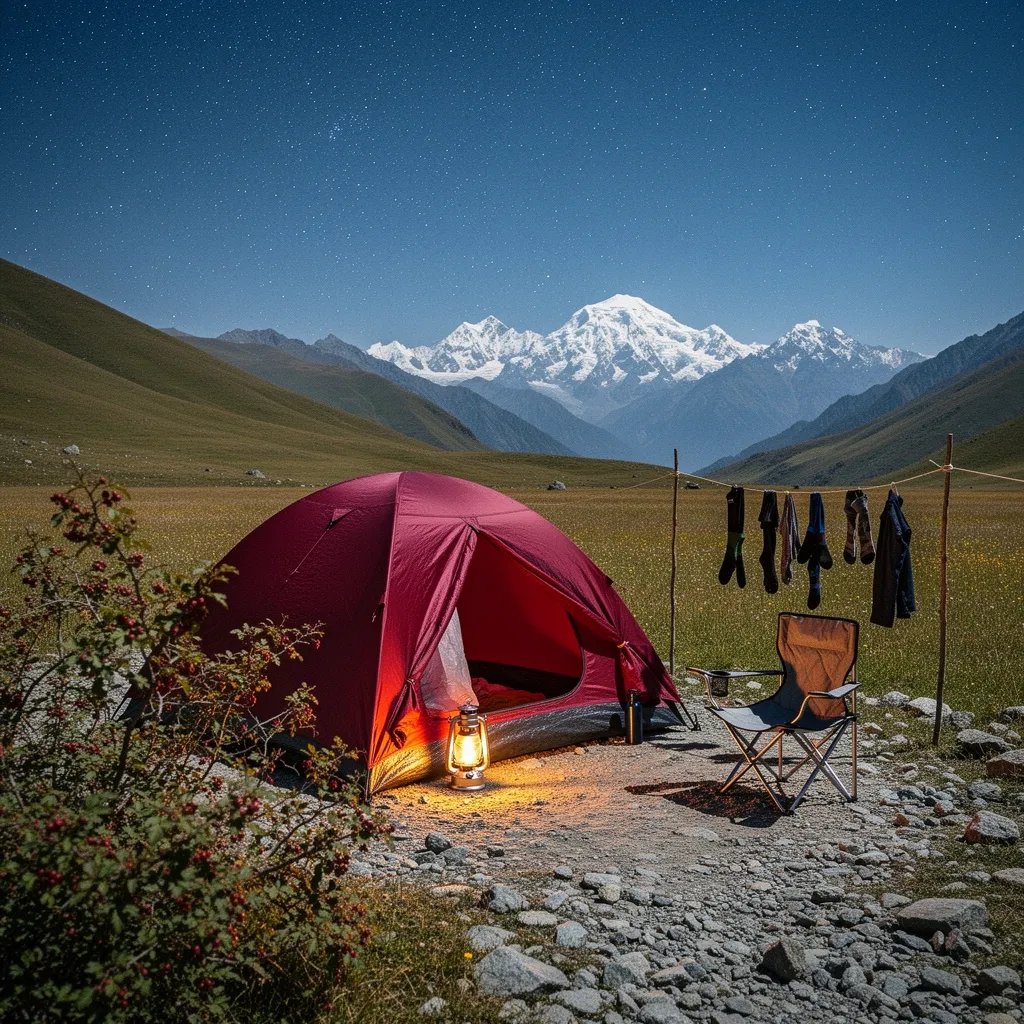 A maroon tent sits in a quiet alpine meadow, surrounded by wild grasses, little flowers, and rocky ground. A warm lantern glows by the door and makes the campsite feel cozy in the cold night air. Far away, tall mountains with a dusting of snow rest under a clear, starry sky. A small chair and a simple clothesline stand still beside a berry bush in the foreground.