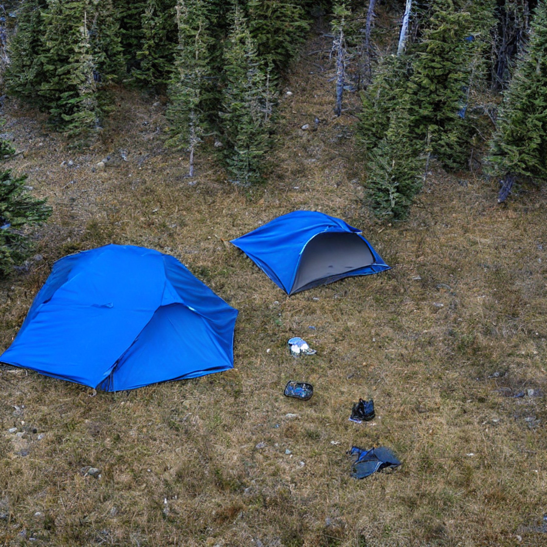 A gray and blue tent rests on a snowy campsite beneath a soft sunset sky. A hammock hangs between the trees, while rolling hills stretch into the distance. Far away, hikers and a person with a flashlight add a warm sense of adventure.