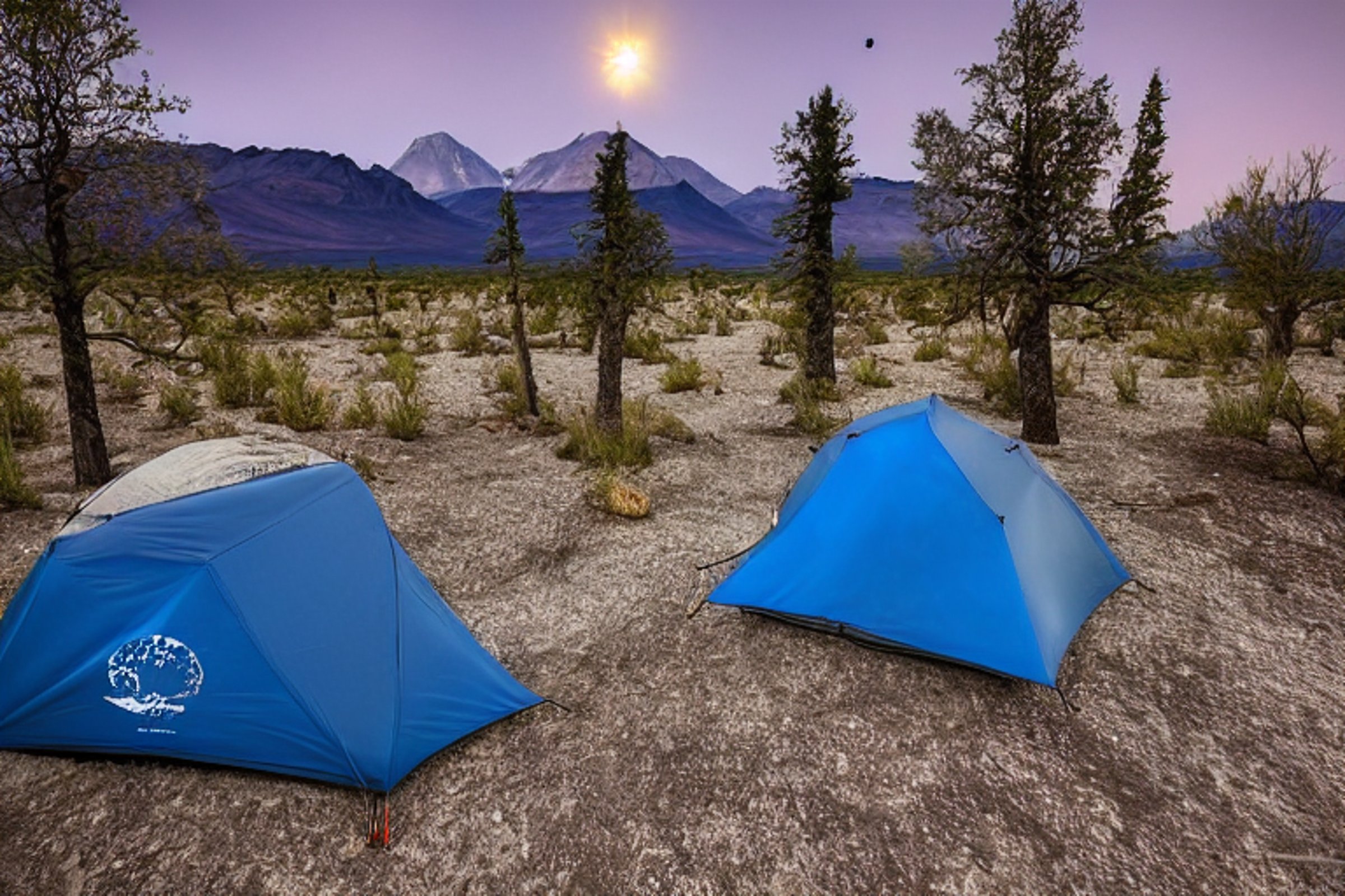 A cozy gray-blue tent rests on a quiet dirt campsite in Death Valley. A small campfire glows beside the logs while tall grass and trees sway in the cool night air. Above, green and blue northern lights shine beneath a cloudy sky and distant moon.