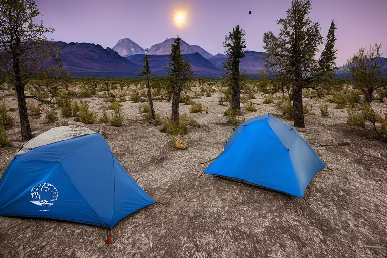 A cozy gray-blue tent rests on a quiet dirt campsite in Death Valley. A small campfire glows beside the logs while tall grass and trees sway in the cool night air. Above, green and blue northern lights shine beneath a cloudy sky and distant moon.