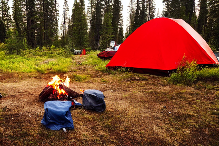 A red tent rests beneath Yosemite’s tall trees as golden light shines through the rainy air. Nearby, camping chairs, a car, and a glowing campfire create a cozy scene beside the waves, while someone shines a flashlight in the distance.