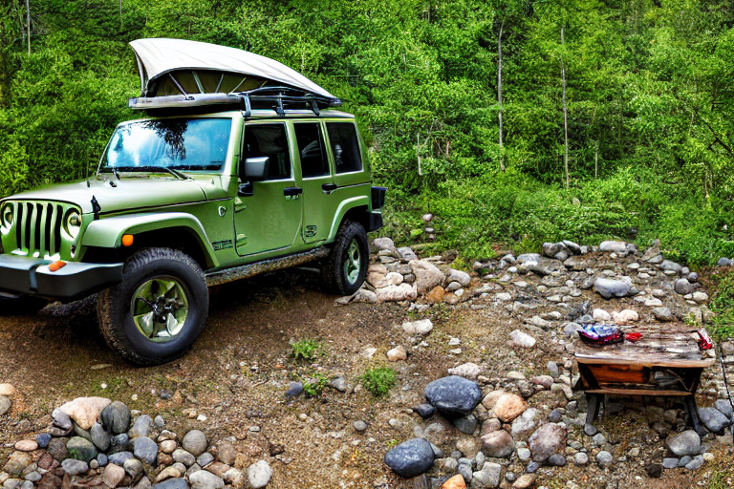 A forest-green Jeep with an open rooftop tent rests beside a warm hot spring. Rain falls softly as a clear stream winds through the muddy campsite, surrounded by stones and trees. A dirt path leads into the misty forest.
