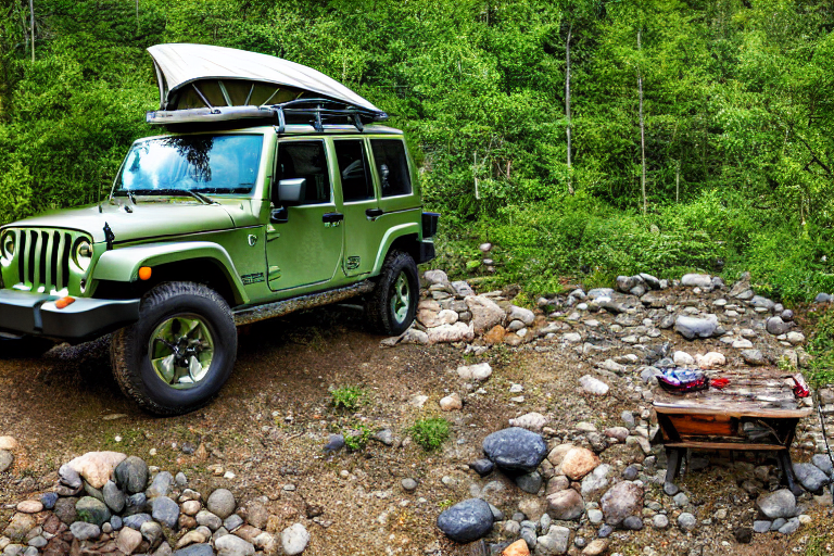 A forest-green Jeep with an open rooftop tent rests beside a warm hot spring. Rain falls softly as a clear stream winds through the muddy campsite, surrounded by stones and trees. A dirt path leads into the misty forest.