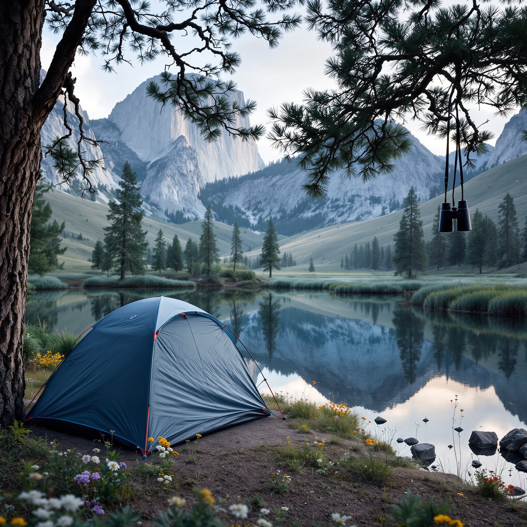 A cozy tent sits by a calm lake, surrounded by tall pine trees and wildflowers. Towering mountains stand in the background, reflected in the water. It feels peaceful and perfect for an adventure in nature.