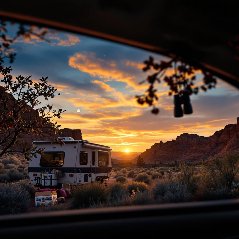 A cozy camper sits in the quiet desert as the sun sets behind red rocky hills. The sky is colorful, and soft bushes fill the ground all around. It feels peaceful and perfect for an evening adventure.