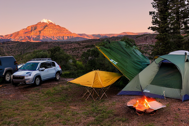 A forest-green Subaru rests beside a warm campfire on a dirt patch in Capitol Reef National Park. Rainy golden light shines over the mountains, while a hiking trail winds through the trees. The rooftop tent glows softly, creating a cozy shelter for the night.