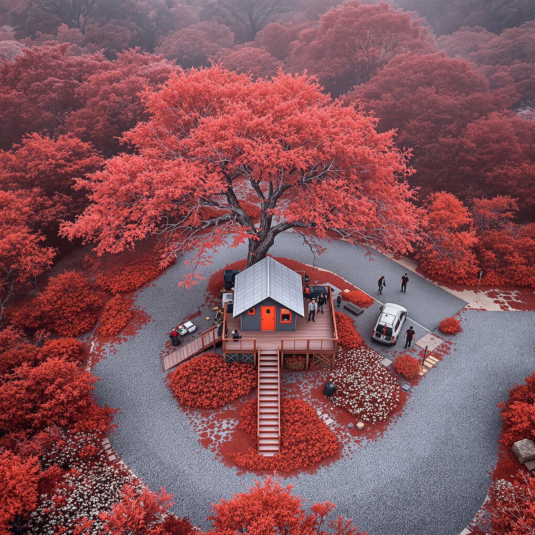 A cozy cabin sits under a giant red tree, surrounded by bright red bushes and winding paths. The air feels peaceful, and people gather to explore and relax. This campsite looks like a magical place hidden in a colorful forest.