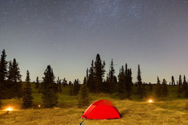A red and white tent rests on a quiet dirt clearing beneath a sky full of stars. Tall grass, large stone slabs, and towering trees surround the campsite. Rolling hills stretch into the peaceful Montana night.