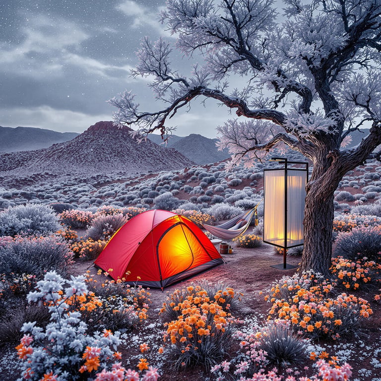 A cozy red tent glows warmly under a frosty tree amidst fields of colorful flowers. The night sky sparkles with stars, painting a magical scene. Nearby, a soft hammock sways gently, inviting you to relax in this dreamy landscape.