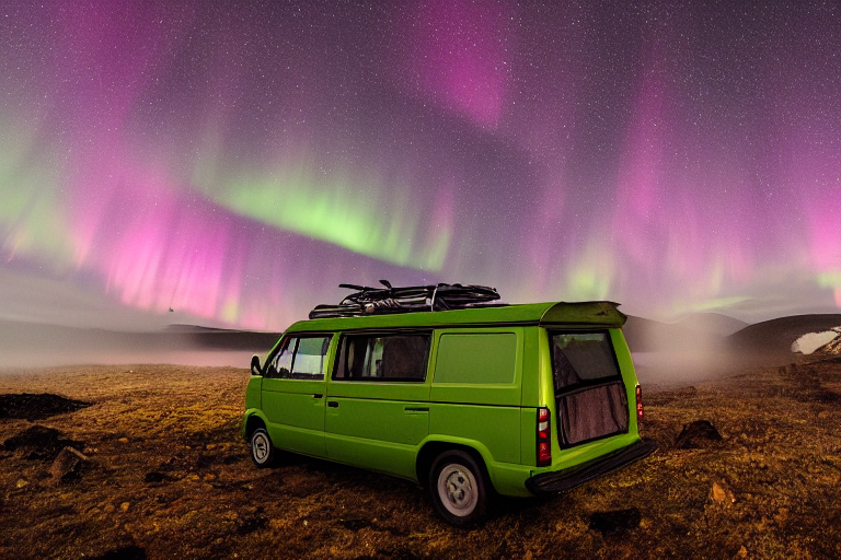 A cozy VW campervan rests on a quiet dirt campsite beneath bright green northern lights. Soft fog surrounds the picnic table, while hikers and a distant flashlight add life to the peaceful Norwegian night.