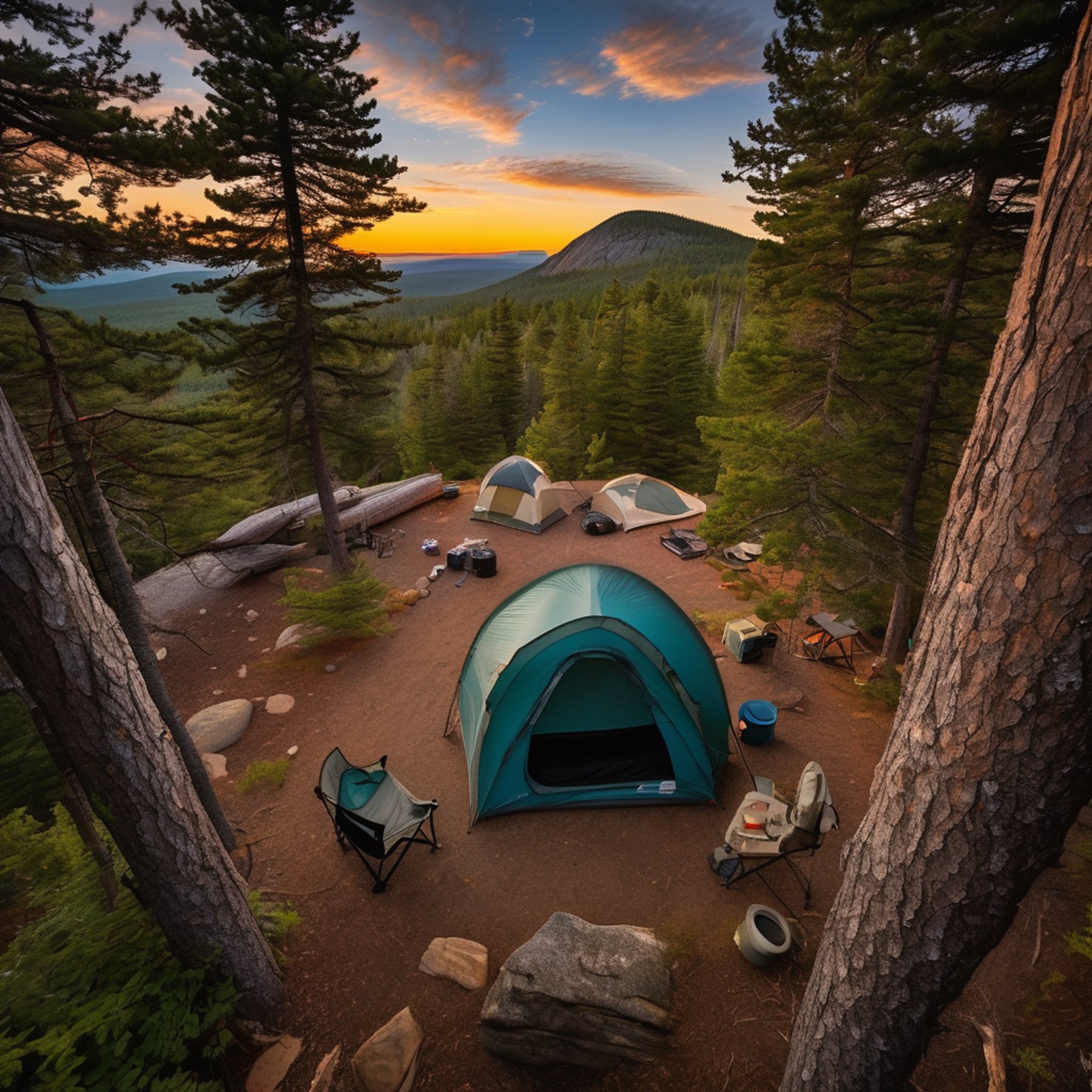 A teal tent rests among thick bushes in Acadia National Park. A camp chair, large rock, and axe stuck in a tree stump add a cozy, wild feel. Above, the sun sets behind the mountains under a humid evening sky.