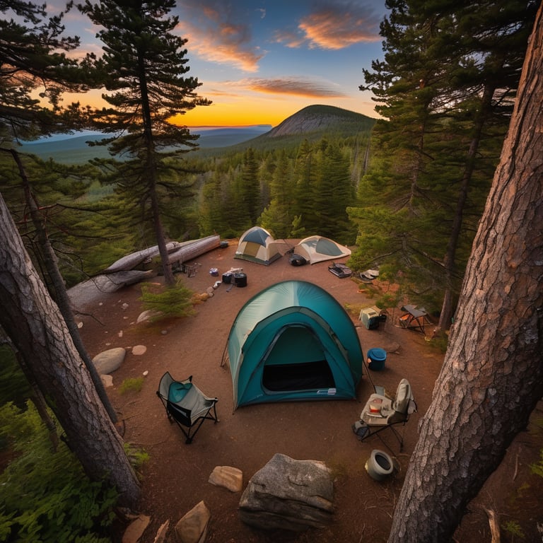 A teal tent rests among thick bushes in Acadia National Park. A camp chair, large rock, and axe stuck in a tree stump add a cozy, wild feel. Above, the sun sets behind the mountains under a humid evening sky.