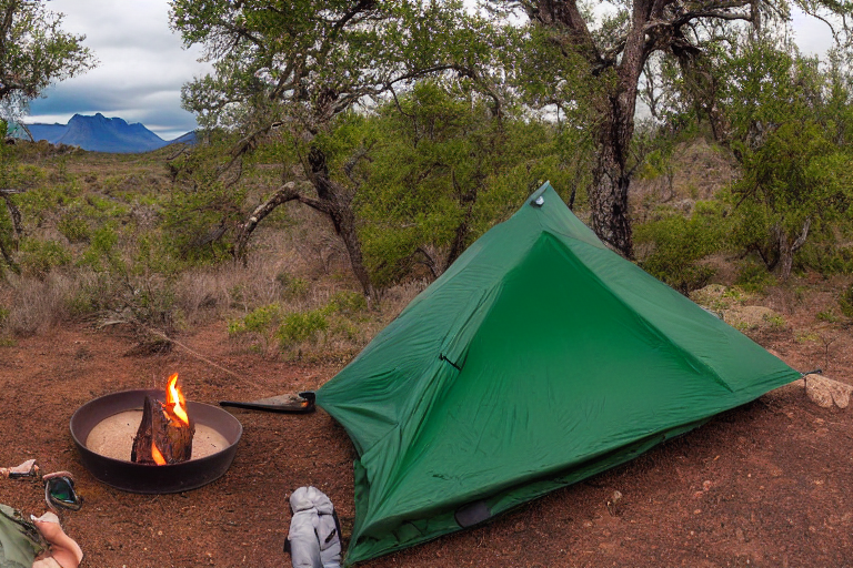 A green tent rests on a dirt clearing in Big Bend National Park, glowing beside a warm campfire. Rolling hills and dark mountains rise under a stormy night sky. A hammock hangs between the trees, with clothes swaying on a nearby line.