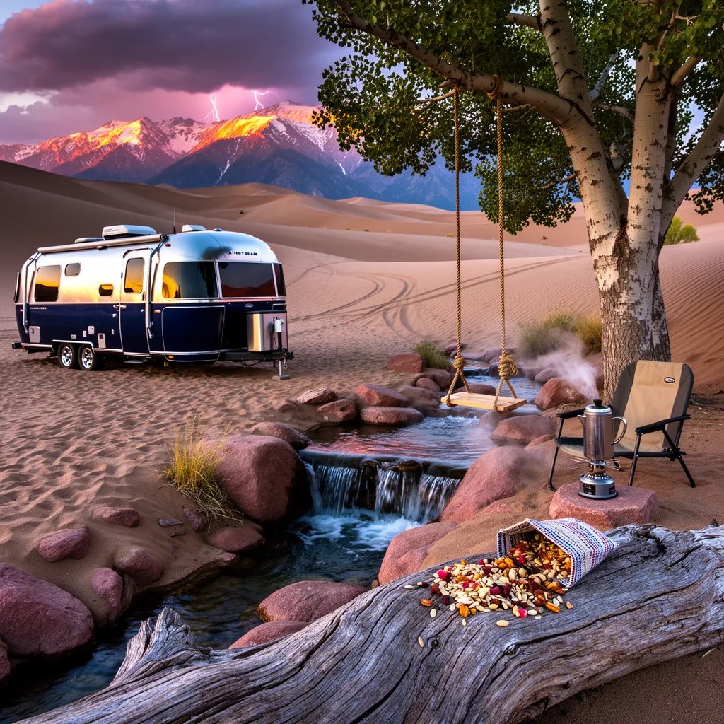 A shiny blue camper sits in warm golden light, parked by a tiny waterfall in the sand. Soft dunes roll toward tall pink mountains, while storm clouds flash far away. A cozy chair, a steaming coffee pot, and spilled trail mix make it look like someone just stepped away. A rope swing hangs from a cottonwood tree, waiting for the next playful ride.