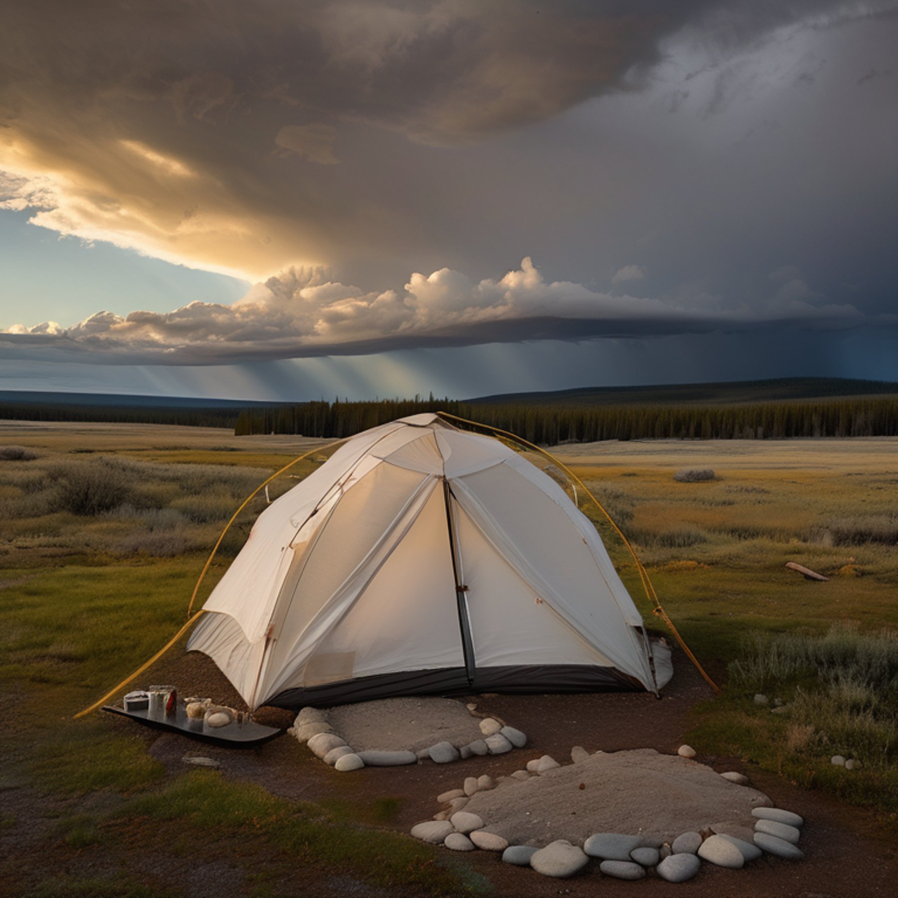 A white tent rests on a quiet dirt campsite in Yellowstone. Soft golden light shines through the rainy sky, with a lantern, picnic table, and scattered stones nearby.