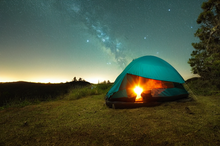 A teal tent rests on a quiet campsite beneath a star-filled night sky. Rolling hills surround the sandy beach, while a campfire glows beside a large log. A hammock hangs between the trees, inviting campers to relax.