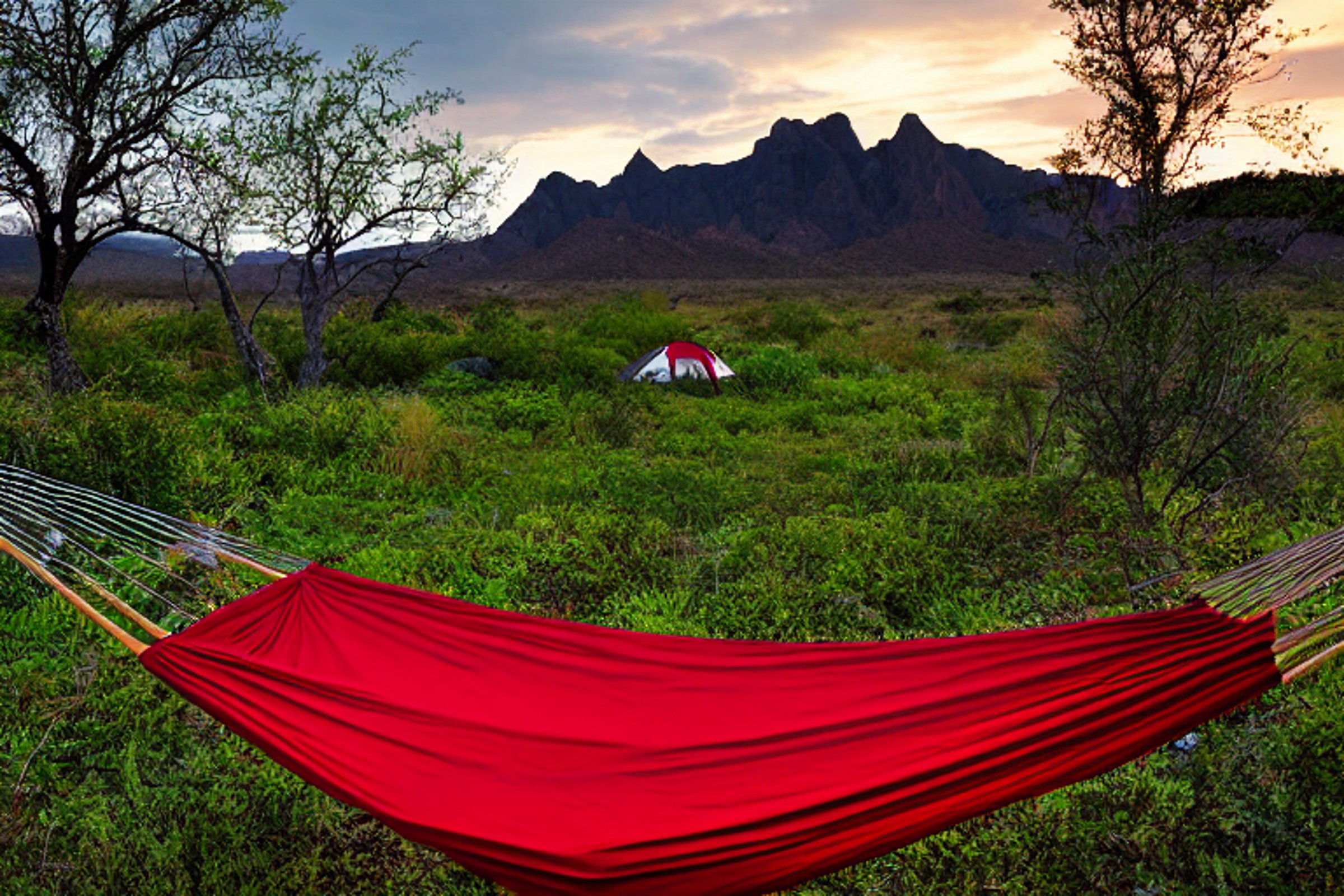 A bright red tent rests on a paved campsite in Big Bend National Park as rain falls at dusk. Wildflowers dot the ground, while a hammock hangs between the trees. A backpack and small twig sit near the dirt patch.