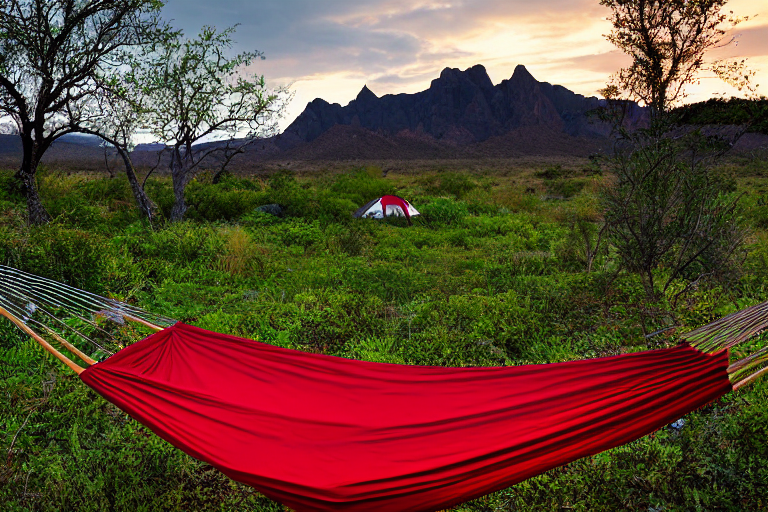 A bright red tent rests on a paved campsite in Big Bend National Park as rain falls at dusk. Wildflowers dot the ground, while a hammock hangs between the trees. A backpack and small twig sit near the dirt patch.