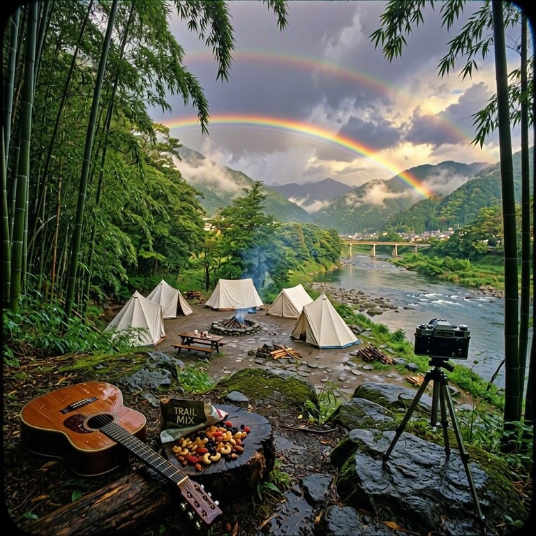 A quiet campsite rests beside the Hozu River, surrounded by tall green bamboo. Four white tents circle a fire ring, with a guitar, picnic table, and old camera nearby. A bright double rainbow shines beneath the cool, fading clouds.