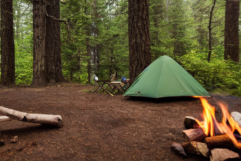 A green and tan tent rests on a quiet mountain campsite beneath a sky full of stars. A warm campfire glows beside the picnic table, while a hammock hangs between the trees. Soft fog and fallen leaves create a calm, cozy feeling.