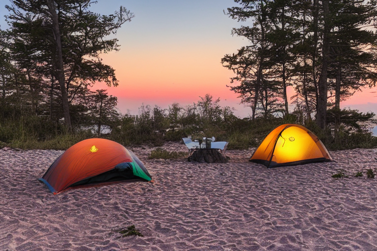 A colorful tent rests on a sandy beach beside a warm campfire. Boulders and small trees frame the campsite, while the ocean stretches beneath a cloudy sunset sky. A pale moon glows in the distance.