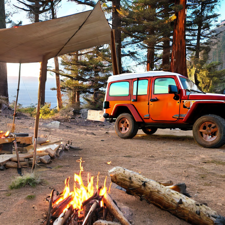 A brown Jeep with its rooftop tent open rests at a sunny campsite in Big Sur. A small campfire, logs, large rocks, and stone slabs sit on the dusty ground. Warm sunrise light fills the peaceful outdoor scene.