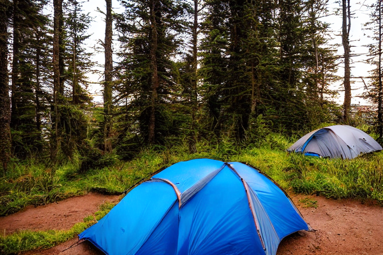 A blue and gray tent rests on a sandy campsite beside Cannon Beach. A small stream winds through the camp, where chairs, a picnic table, and a crackling fire sit beneath the warm sunset sky.