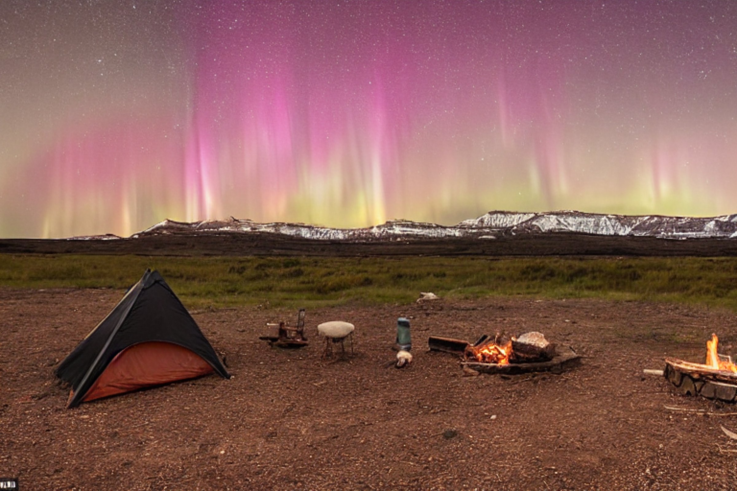 A cozy brown tent rests on a quiet dirt campsite beneath glowing northern lights. A warm campfire crackles beside the logs, while fog drifts through the rocky park. A deer stands far away under the moon, and clothes sway gently on a nearby line.