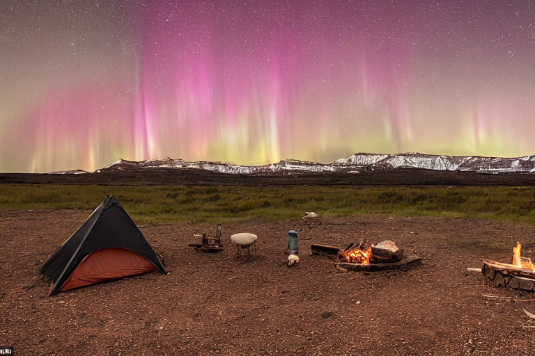 A cozy brown tent rests on a quiet dirt campsite beneath glowing northern lights. A warm campfire crackles beside the logs, while fog drifts through the rocky park. A deer stands far away under the moon, and clothes sway gently on a nearby line.