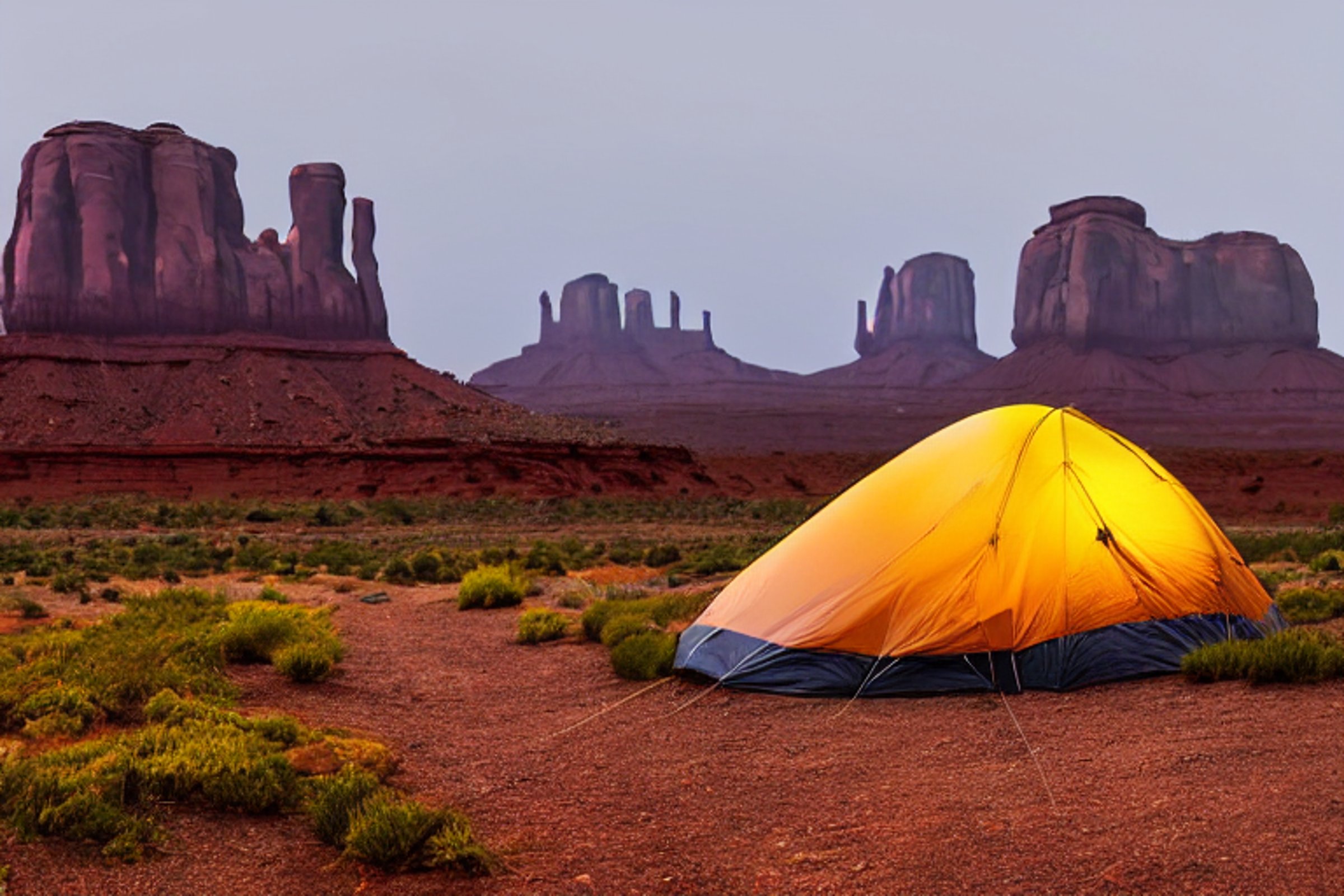 A colorful tent rests on a paved campsite beneath the starry night sky of Monument Valley. Fog drifts around tall boulders and fall-colored trees, while a wooden guitar lies beside the dirt clearing.