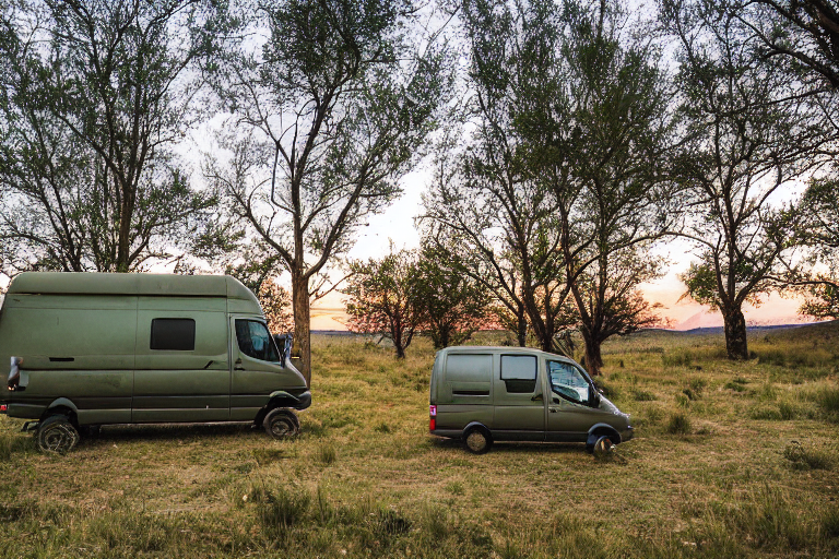 A green camo camper van rests on a quiet dirt campsite in the New Mexico desert. Tall grass, a glowing lantern, and rolling hills create a cozy mood as snow falls at dusk.