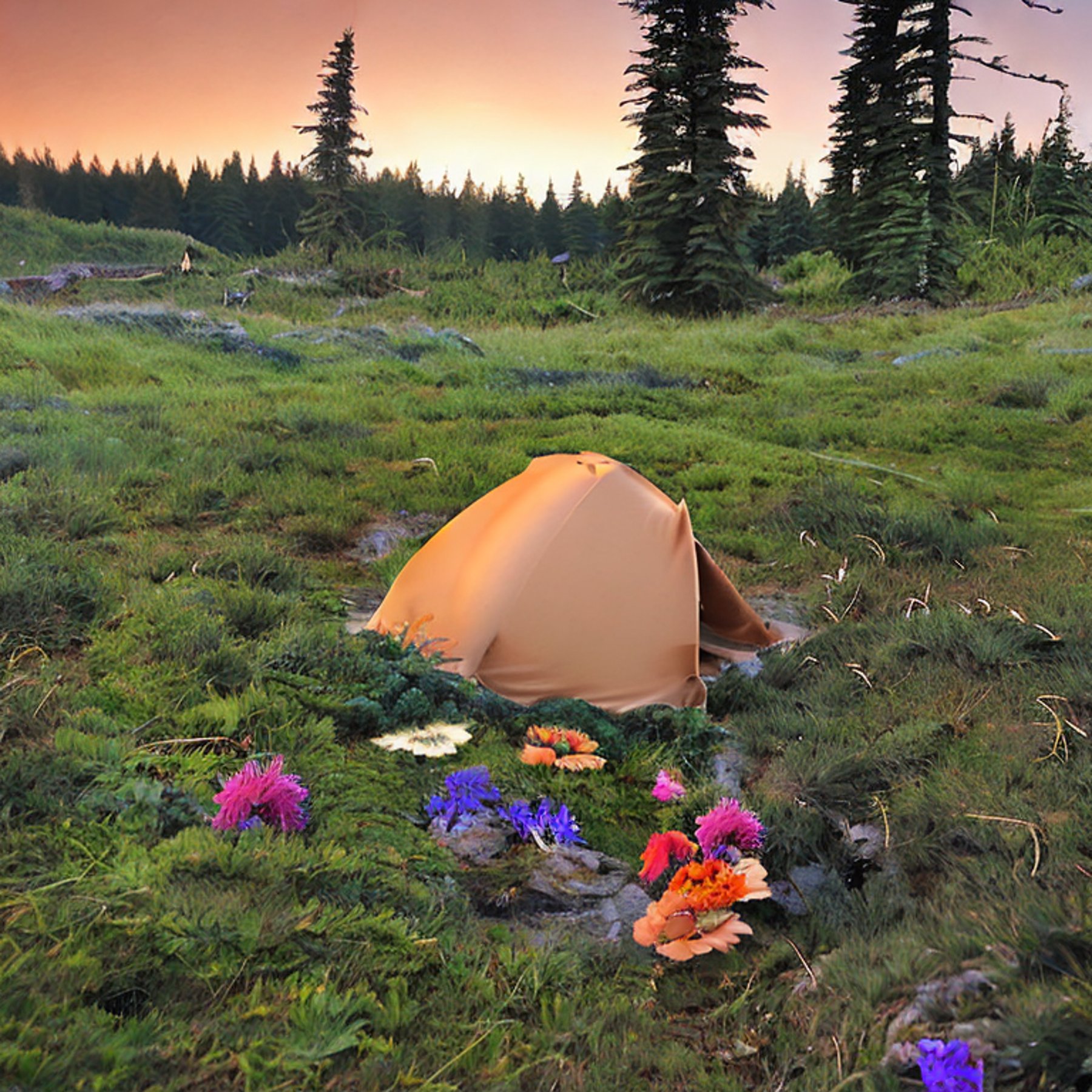 A tan tent rests on a quiet dirt campsite in Washington State. A clear stream winds through the ferns and small flowers as the sunset fills the sky with warm light. A backpack sits nearby, ready for adventure.