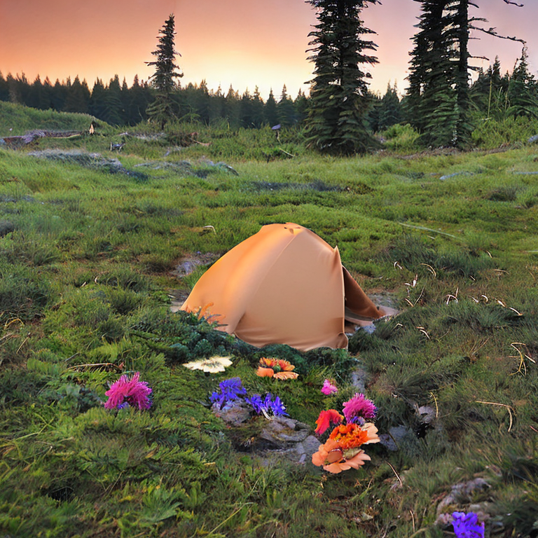 A tan tent rests on a quiet dirt campsite in Washington State. A clear stream winds through the ferns and small flowers as the sunset fills the sky with warm light. A backpack sits nearby, ready for adventure.