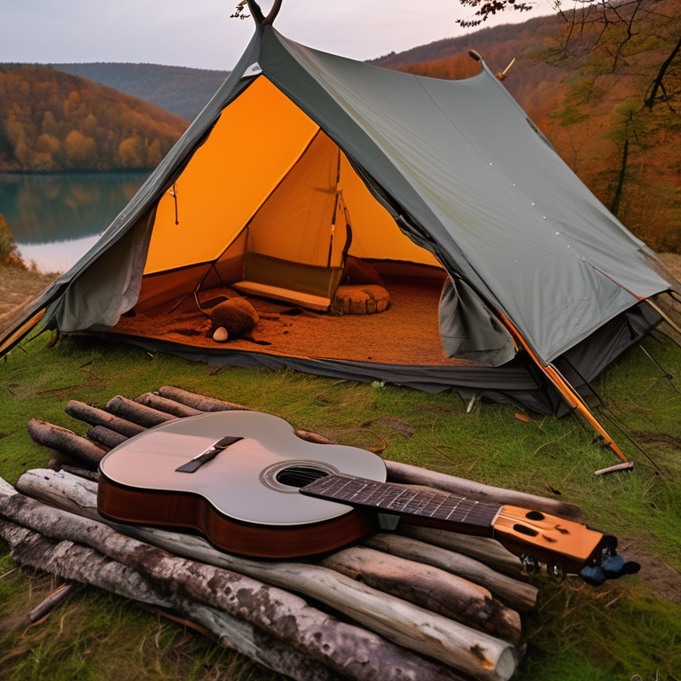 A gray and orange tent rests on a quiet dirt campsite in Plitvice Lakes National Park. Mossy trees, smooth stones, and rolling hills surround the camp, while a wooden guitar lies nearby. Rainy sunset light gives the scene a peaceful, cozy feeling.