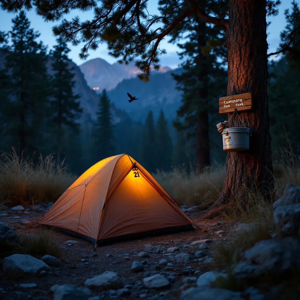 A cozy bivy sack rests on rocky ground among tall trees in Sequoia National Park. A wooden sign marks campsite 21, while a bear-proof food container hangs from a branch. Hail falls softly as a bird flies across the dim twilight sky.