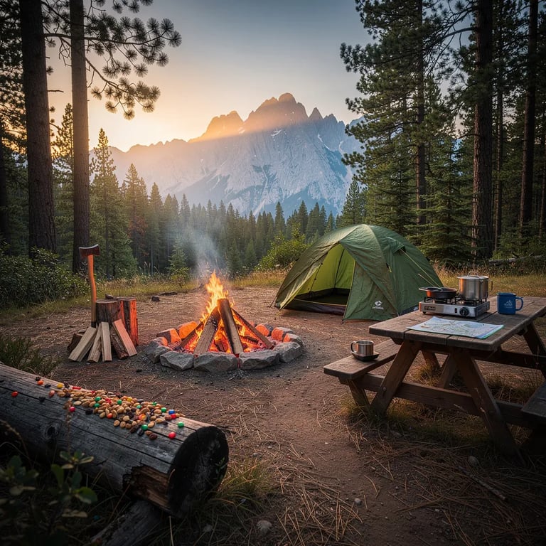 A cozy camo tent sits in a quiet clearing at the edge of tall pine and fir trees. A campfire glows in a stone ring, with a little smoke shining in the warm sunset light. A picnic table holds a small stove and pots, and the mountains rest far away under a clear sky. Trail mix is spilled on a weathered log, like someone just stepped away for a moment.
