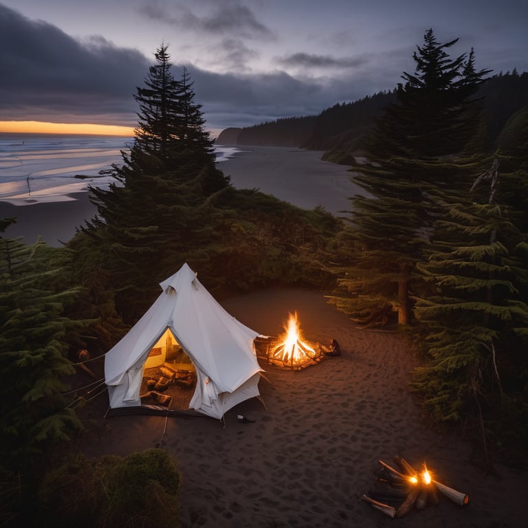 A white tent rests on Cannon Beach as blue-hour light settles over the shore. A warm campfire glows among the logs, while a squirrel races nearby and a distant flashlight flickers.