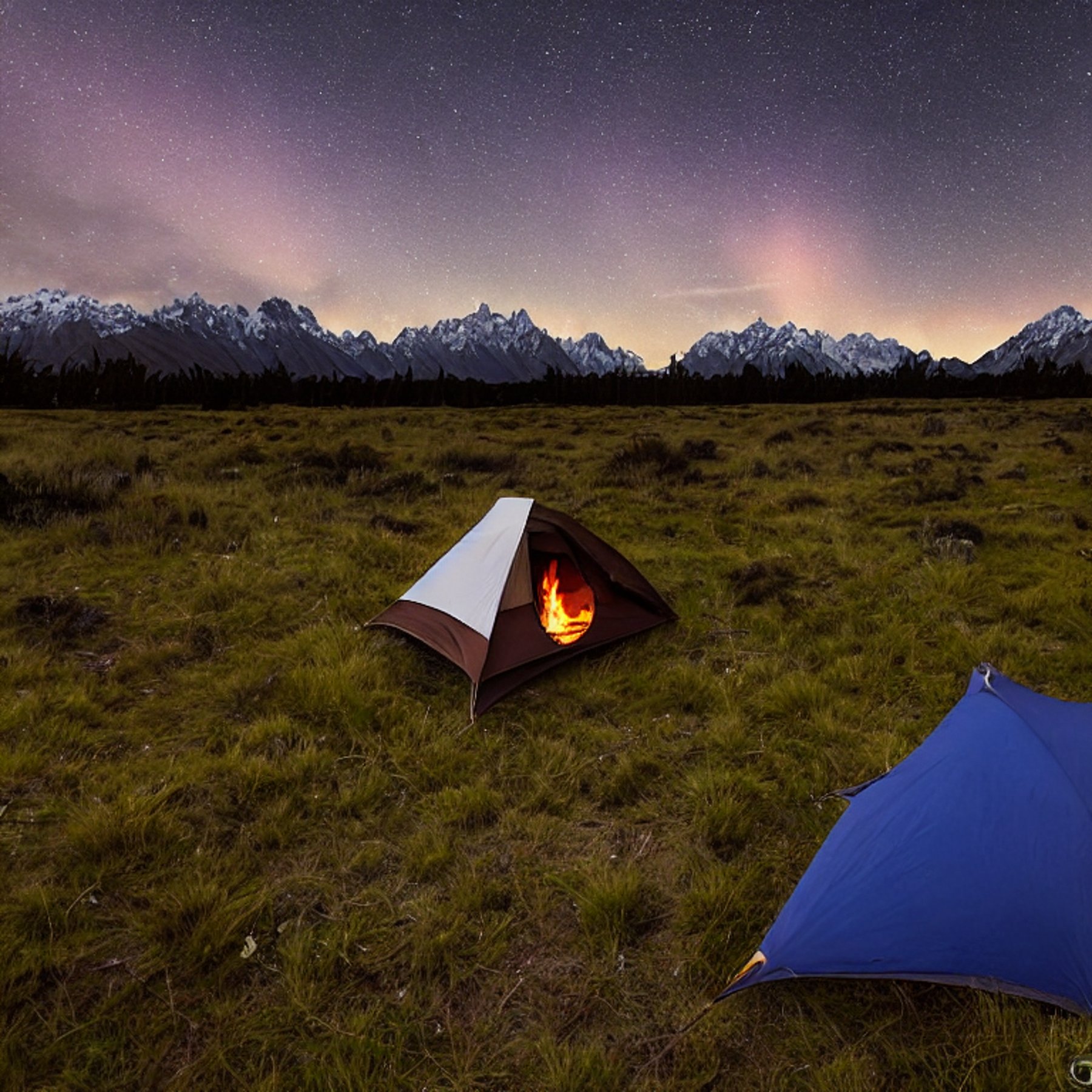A cozy brown tent rests beside a campfire at a quiet campsite in Mount Cook National Park. Tall grass and small trees surround the dirt clearing, while snowy peaks and bright green northern lights glow in the night sky.