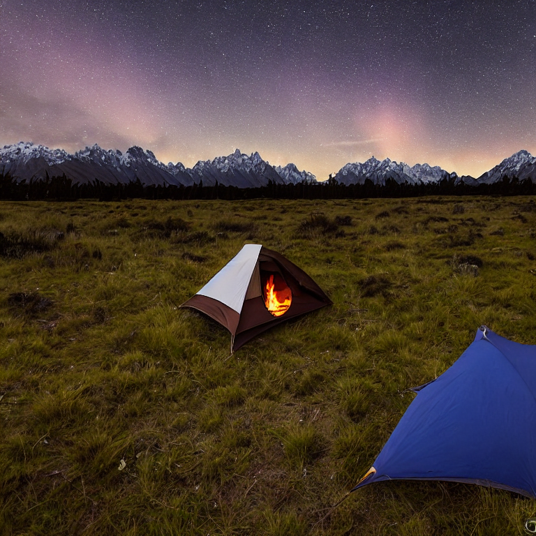A cozy brown tent rests beside a campfire at a quiet campsite in Mount Cook National Park. Tall grass and small trees surround the dirt clearing, while snowy peaks and bright green northern lights glow in the night sky.