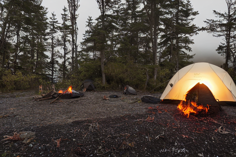 A black tent rests beside a foggy beach under the night sky. A warm campfire glows on the dirt, surrounded by logs, leaves, and thick bushes. The ocean and distant surfers add a peaceful coastal feel.