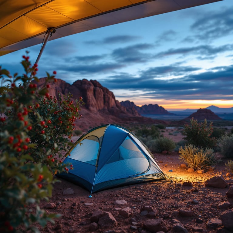 A cozy tent sits under a golden-lit awning, surrounded by red rocks and bushes with bright berries. The sunset sky is painted with shades of orange and blue, casting a warm glow on the desert landscape. It's the perfect spot for a magical, evening adventure.