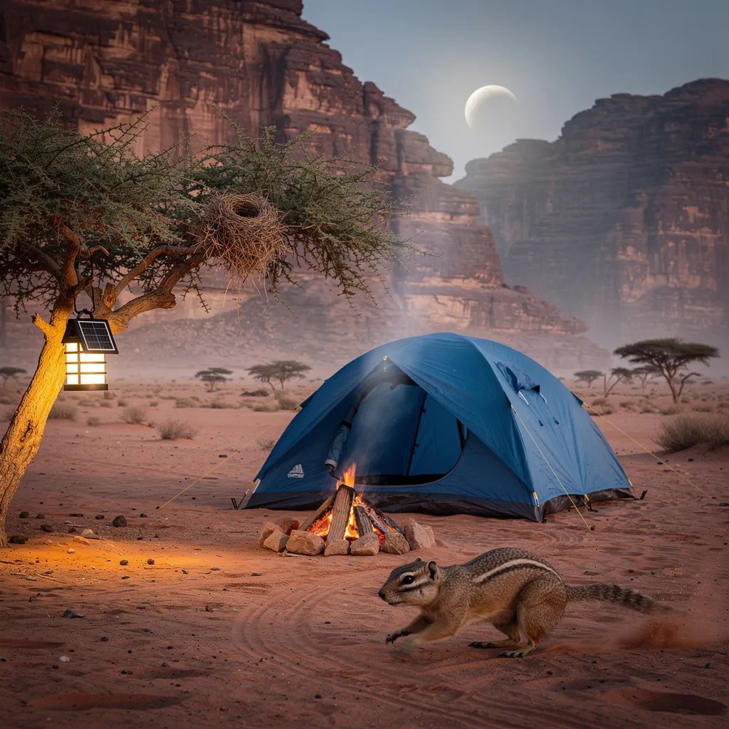 A steel-blue tent sits on soft sand beneath tall red cliffs, with a few acacia trees nearby. The sky is dim from a partial eclipse, and a light desert haze makes everything feel quiet and cool. A small campfire glows warmly, and a solar lantern hangs from a branch above a tiny bird’s nest. In the foreground, a little ground squirrel darts across the sand.