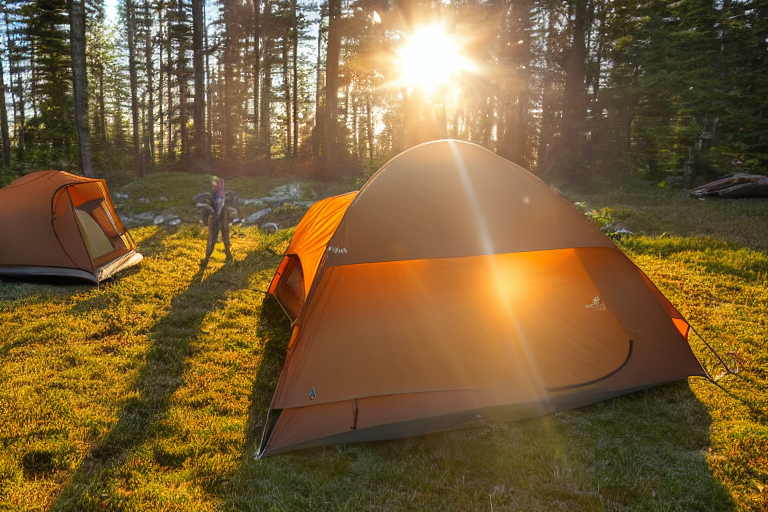 A tan tent rests on a quiet paved campsite in Acadia National Park as the sun sets. Fallen leaves cover the ground, with a large log beside the campfire area and a parking spot nearby.