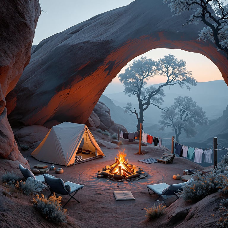 A coral tent rests beneath towering red rock arches as soft sunrise light glows through the fog. A campfire and logs sit at the heart of the campsite, with trees and a clothesline nearby. The scene is viewed from a suspension bridge above.