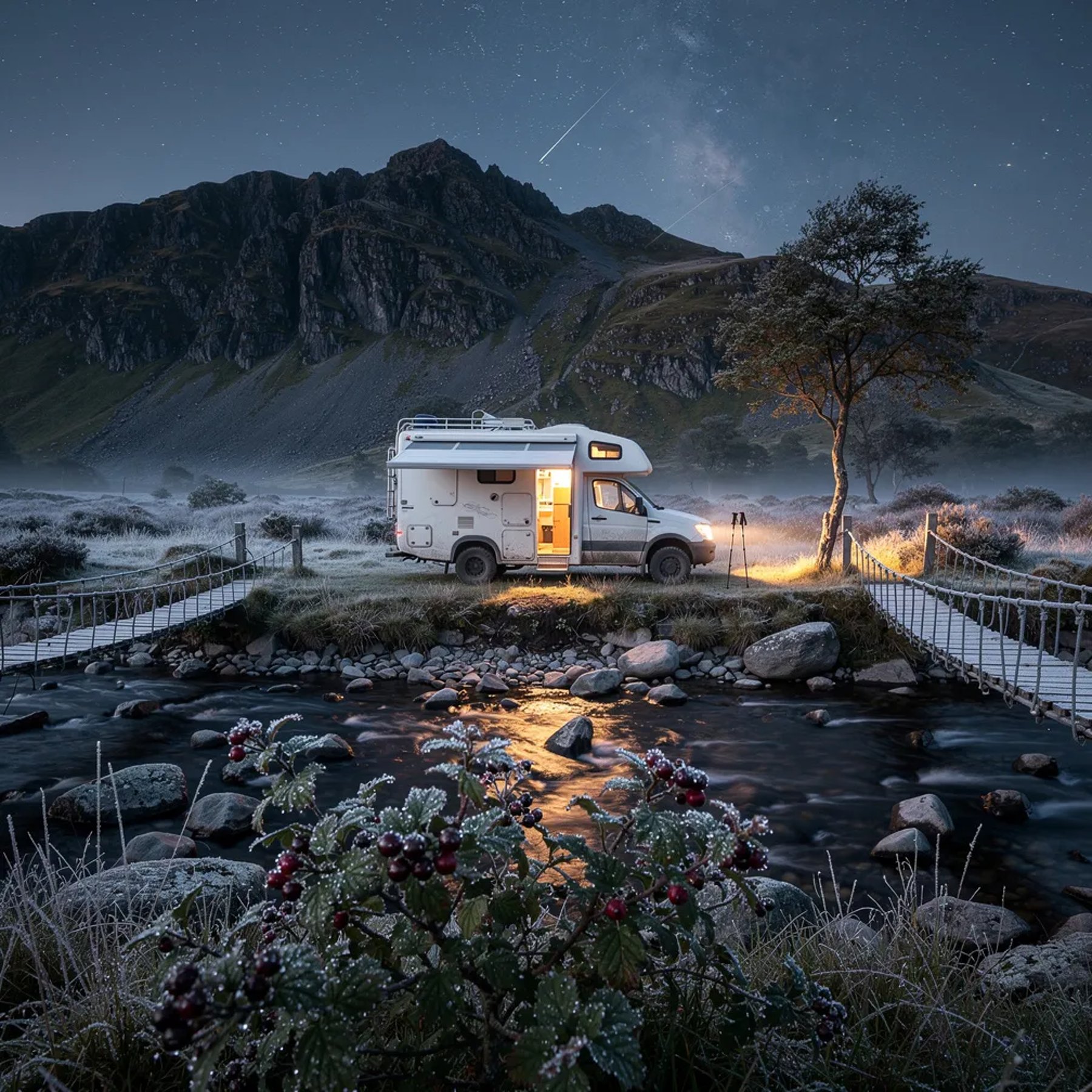 A quiet valley campsite sits by a rocky river under a cold, starry sky. A white truck camper glows warmly in the dark, making the meadow grass sparkle with dew and frost. Meteors streak overhead while dark hills rise in the distance, and a berry bush with tiny water drops shines in the foreground.