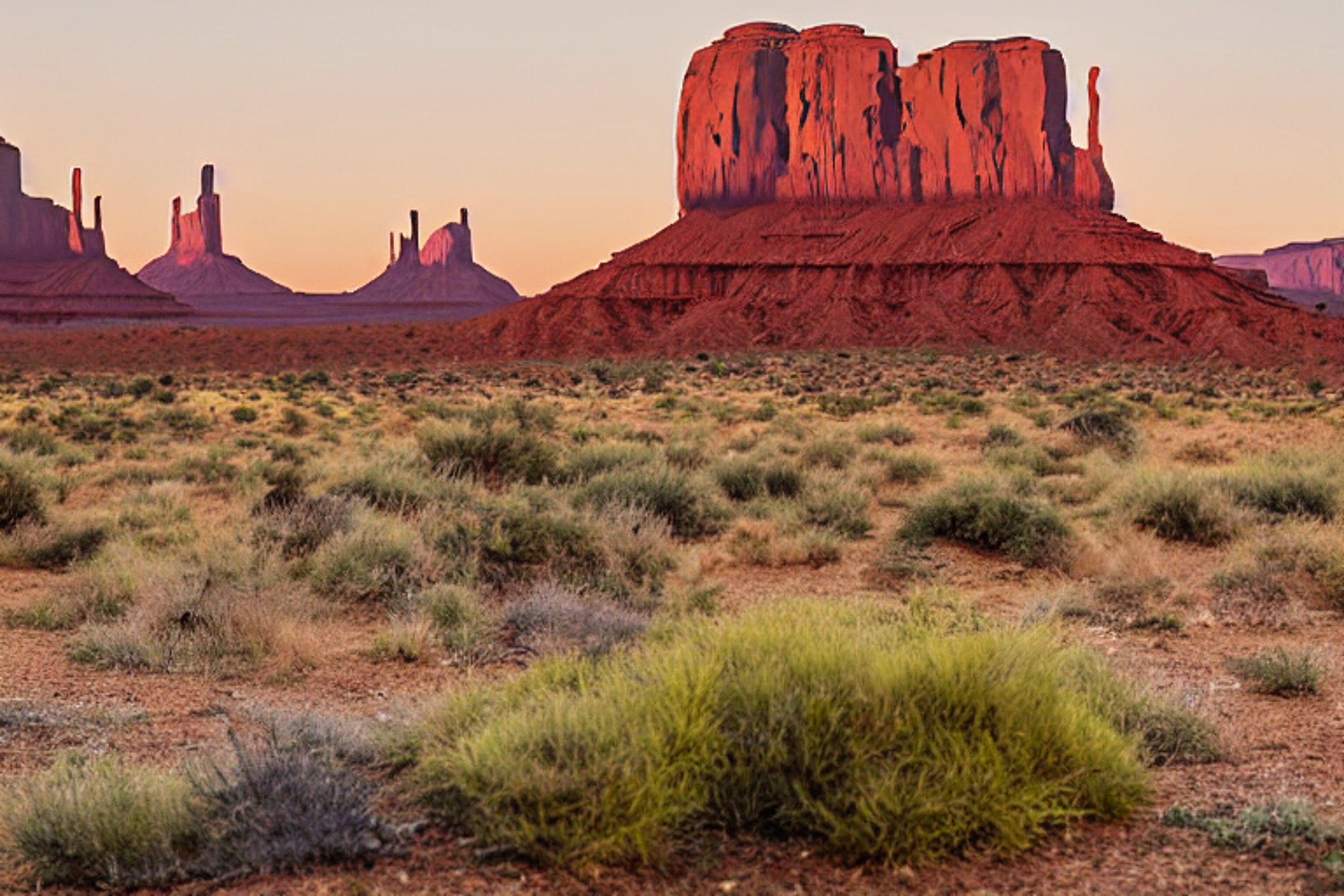 A white tent rests beside a warm campfire as the sun rises over Monument Valley. Gravel and red desert earth surround the campsite, with berry bushes adding a touch of green.