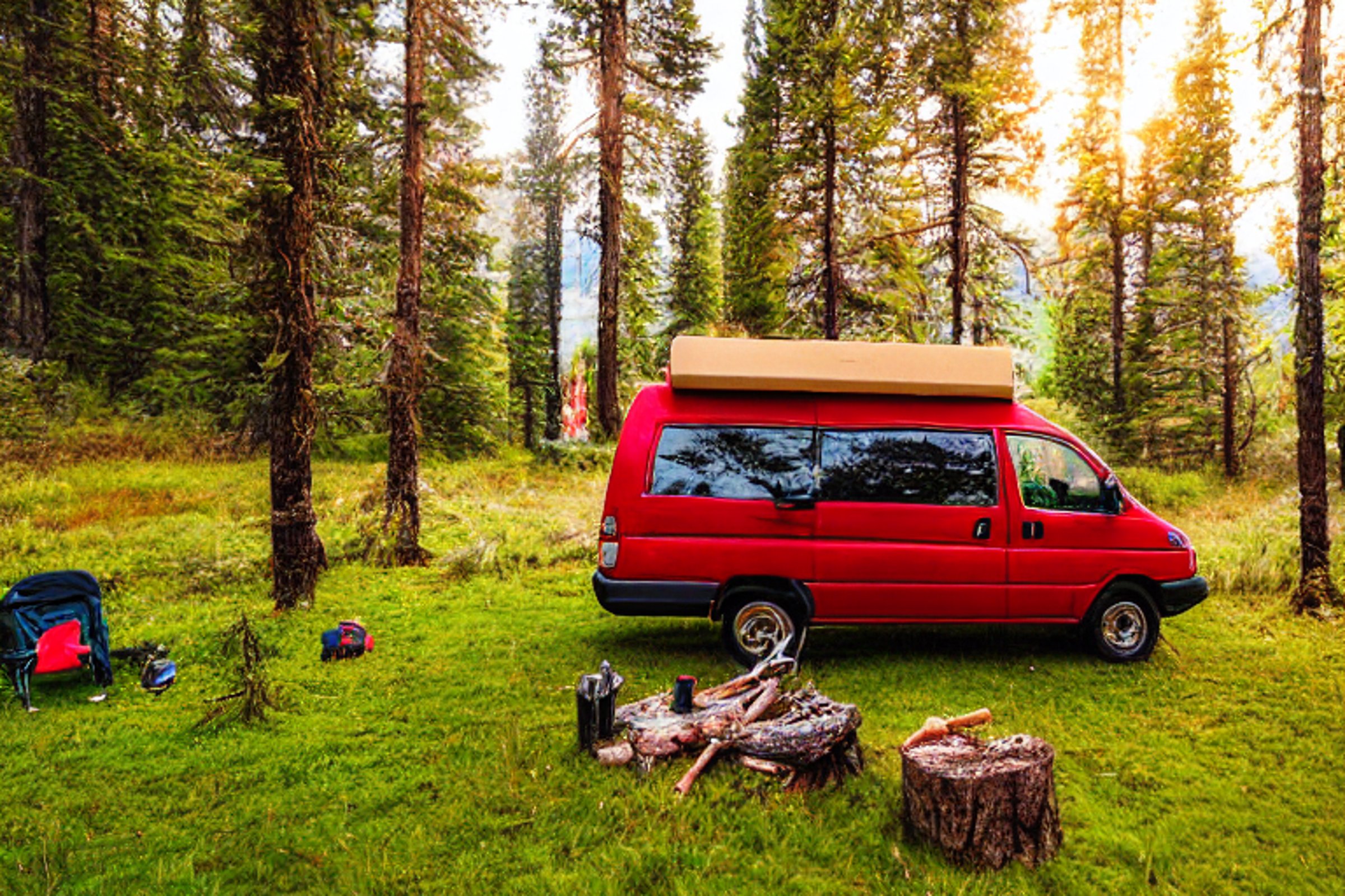 A red camper van rests beside a warm campfire in a mossy Montana forest. Stormy skies mix with soft sunrise light, creating a cozy and wild campsite around a patch of dirt.