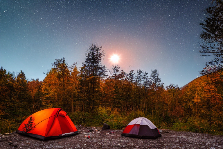 A black tent rests beside a warm campfire in the Smoky Mountains. Fall-colored trees, snowy ground, and large stone slabs surround the quiet campsite, while a pale moon rises in the sunset sky.