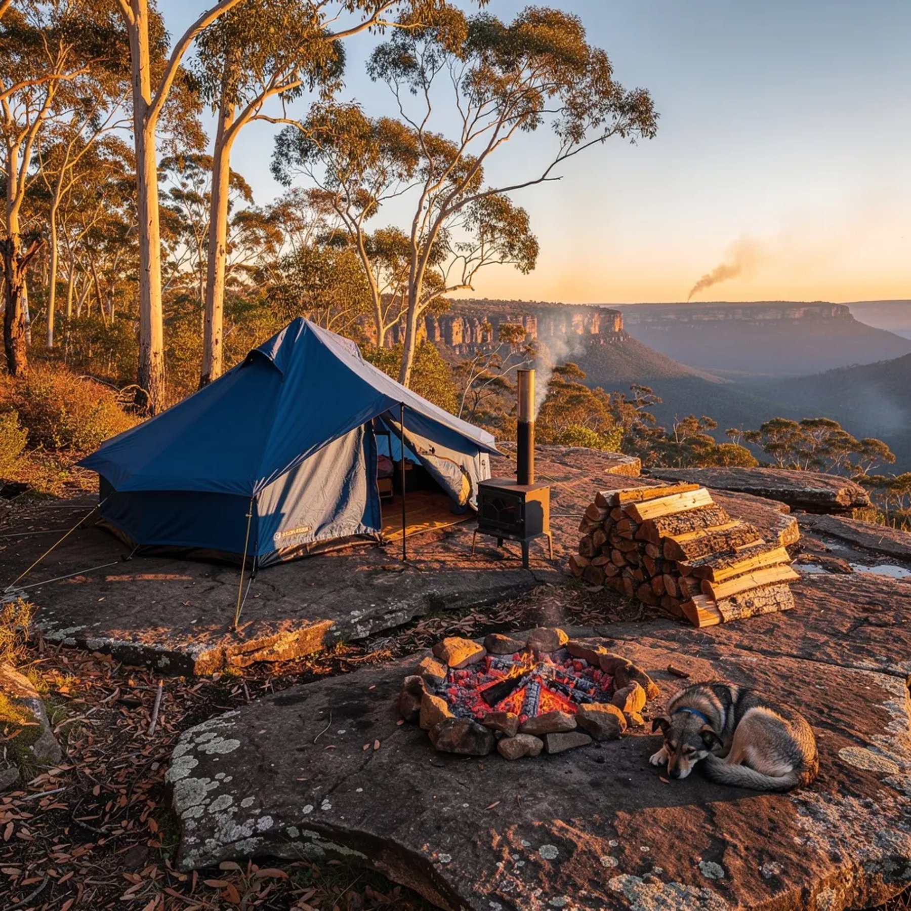 A steel-blue tent sits on a rocky ledge in a quiet eucalyptus forest as the sun sets. A small stove sends a thin ribbon of smoke into the cool air, and a neat pile of firewood waits nearby. Glowing coals warm a little fire ring while a sleepy dog curls up close, safe and cozy. A soft haze makes the far trees look dreamy and calm.